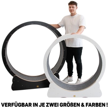 Zwei große Haustier-Übungsräder in Schwarz und Weiß, nebeneinander ausgestellt. Der Text darunter lautet "VERFÜGBAR IN JE ZWEI GRÖßEN & FARBEN!"