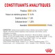 Constituants analytiques de la nourriture pour animaux de compagnie montrant 8,7 % de protéines, 3,3 % de matières grasses, 1,6 % de cendres, 1,25 % de fibres et 79 % d'humidité.