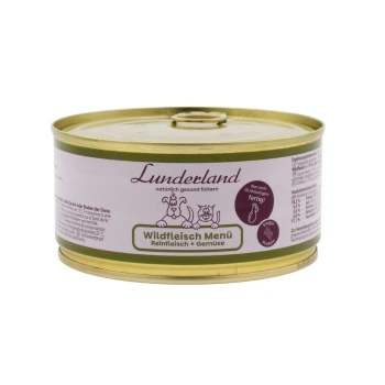 Dosen-Hundefutter mit der Aufschrift 'Wildfleisch Menü' von Boos, mit einem goldenen Rand und einem weißen Etikett mit Nährwertinformationen.