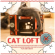 Graue Katze entspannt auf kofferähnlichem, vintageigem Karton-Katzenhaus mit der Aufschrift 'Happy Go Lucky' und fettem roten Text 'CAT LOFT'.