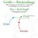 Illustration eines Hundes mit Größen-, Hals- und Bauchmessungen beschriftet, plus Anweisungen in Deutsch und Englisch zur Messung der Rückenlänge.