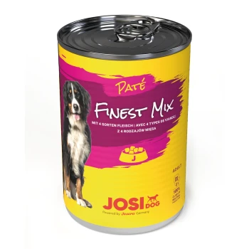Dose JOSI DOG Finest Mix Paté für erwachsene Hunde, mit einem Berner Sennenhund auf dem Etikett, mit Text in mehreren Sprachen.
