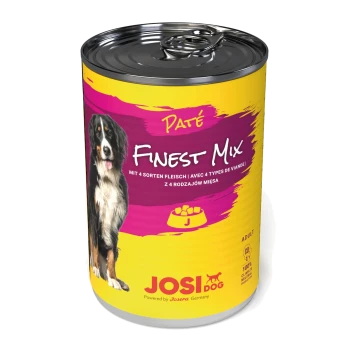 Dose JOSI DOG Finest Mix Paté für erwachsene Hunde, mit einem Berner Sennenhund auf dem Etikett, mit Text in mehreren Sprachen.