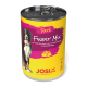 Dose JOSI DOG Finest Mix Paté für erwachsene Hunde, mit einem Berner Sennenhund auf dem Etikett, mit Text in mehreren Sprachen.
