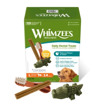 Whimzees Daily Dental Treats Value-Box (14 Leckerlis) mit Hundefoto und drei Kausnacks.