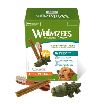 Value box Whimzees Daily Dental Treats (14 przysmaków) ze zdjęciem psa i trzema gryzakami.