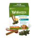Whimzees Daily Dental Treats Value-Box (14 Leckerlis) mit Hundefoto und drei Kausnacks.