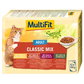 Katzenfutterverpackung mit einem roten Kater, beschriftet mit "MultiFit Special Jelly Adult Classic Mix", mit Geschmacksrichtungen wie Huhn, Rind, Kalb und Ente.