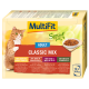 Katzenfutterverpackung mit einem roten Kater, beschriftet mit "MultiFit Special Jelly Adult Classic Mix", mit Geschmacksrichtungen wie Huhn, Rind, Kalb und Ente.