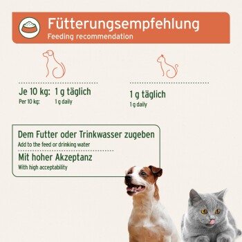 Fütterungsempfehlung (DE/EN) mit Hund und Katze; 1 g täglich pro 10 kg; dem Futter oder Trinkwasser zufügen.