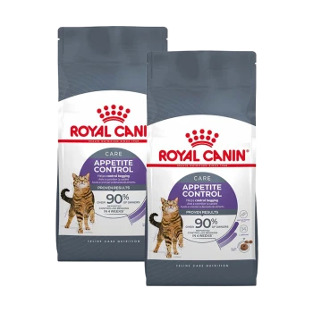 Zwei Beutel Royal Canin Appetite Control Katzenfutter, mit einer getigerten Katze und den Aussagen "Bewährte Ergebnisse" und "Über 90% Erfolg in 4 Wochen."