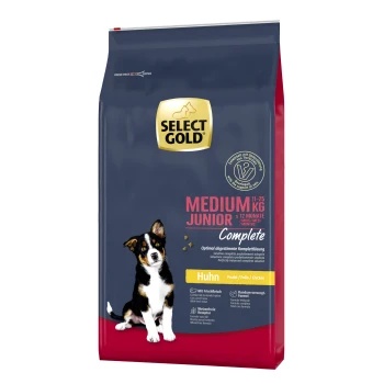 Select Gold Medium Junior Hundefutterbeutel, 11-25 kg, für Hunde bis zu 12 Monaten, mit einem schwarz-weißen Welpen und dem Etikett "Huhn".