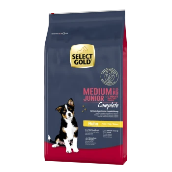Sac de nourriture pour chiens Select Gold Medium Junior, 11-25 kg, pour chiens jusqu'à 12 mois, avec un chiot noir et blanc et l'étiquette "Huhn" (poulet).