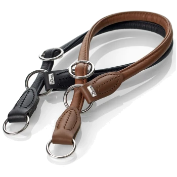 Zwei stilvolle Leder-Hundeleinen, eine schwarz und eine braun, mit silbernen Metallringen und einem Logoanhänger der Marke "HUNTER."
