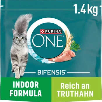 Nourriture pour chats Purina ONE Bifensis Indoor Formula, sac de 1,4 kg, présentant un chat gris duveteux et des images de poulet et de céréales.
