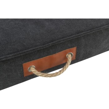 Dunkelgraues Haustierbett mit einem Ledergriff und einem Seil für einfaches Tragen.