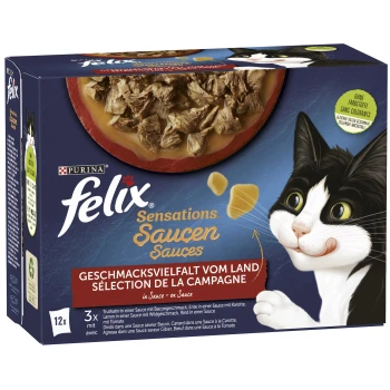 Sensations Saucen Geschmacksvielfalt vom Land 12x85g Verpackung von Purina Felix Sensations Saucen Katzenfutter mit einer schwarz-weißen Katze, mit Text, der Geschmäcker und Zutaten hervorhebt.