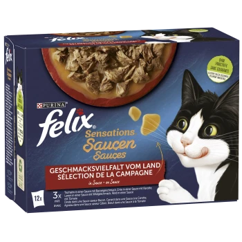 Verpackung von Purina Felix Sensations Saucen Katzenfutter mit einer schwarz-weißen Katze, mit Text, der Geschmäcker und Zutaten hervorhebt.