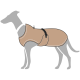Eine graue Silhouette eines Hundes, der einen hellbraunen Hundemantel mit einem schwarzen Riemen trägt, zeigt ein stilvolles Design für Haustierbekleidung.