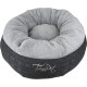 Gemütliches rundes Haustierbett mit einem weichen grauen Plüschinneren und einem dunkelgrauen strukturierten Äußeren, mit dem gestickten Text "TrendPet."