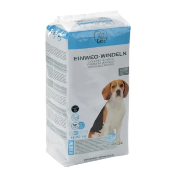 Packung mit Einweg-Windeln für Hunde, die für Hunde mit einem Gewicht von 11-23 kg geeignet sind, enthält 14 Stück.