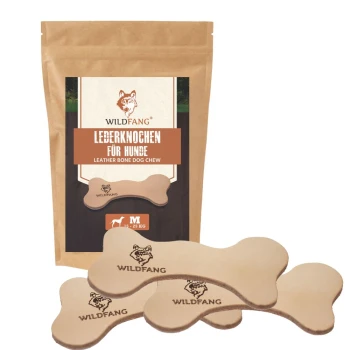 Lederknochen-Hundekauartikel von Wildfang, mit einer braunen Verpackung und dem Text 'LEDERKNOCHEN FÜR HUNDE' sowie einer kleinen Knochenillustration.