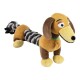 Plush dachshund dog toy with braided black-and-white rope body, brown and yellow fur, green collar.