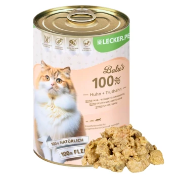 Lecker.Pet Balu's 100 % Huhn und Truthahn Katzenfutter Nassfutter 6x400 g Dosenfutter für Katzen "Balus 100% Huhn + Truthahn" mit einer leichten Fleischmischung, die natürliche Zutaten und keine Zusatzstoffe hervorhebt.
