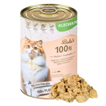 Dosenfutter für Katzen "Balus 100% Huhn + Truthahn" mit einer leichten Fleischmischung, die natürliche Zutaten und keine Zusatzstoffe hervorhebt.