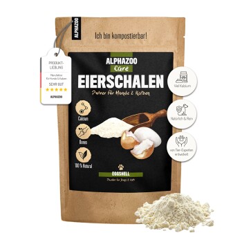 Verpackung von ALPHAZOO Care Eierschalen, einem natürlichen Eierschalenpulver für Hunde und Katzen, das die Vorteile für Kalzium und Knochengesundheit hervorhebt.