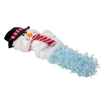 Plush snowman dog toy with black hat, red and blue striped scarf, and fuzzy blue tail on white background.