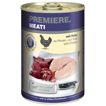 Meati Huhn 6x400 g Dose Tierfutter "Premiere. Meati" mit rohem Huhn und Innereien auf einem Schneidebrett, neben einem Messer mit der Aufschrift "für Fleischliebhaber."