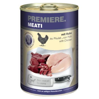 Canned pet food "Premiere. Meati" with raw chicken and organ meats on a cutting board, alongside a knife labeled "for meat lovers."