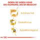 Image promouvant les avantages de la nourriture pour chiens : "Geben Sie Ihrem Hund die Nahrung, die er braucht." Icônes pour le pelage, le tonus musculaire et l'appétit.