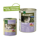 Dosen-Hundefutterprodukte von Real Nature, mit 'Wilderness Pure Sheep' mit 95% Fleischgehalt, neuem Designetikett und Nährwertangaben.