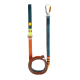 Eine bunte Hundeleine mit einem türkisfarbenen und orangefarbenen Design, mit einem stabilen Metallkarabinerclip und verstellbaren Längenoptionen.