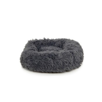 Gemütliches graues Haustierbett mit flauschiger Textur, runder Form und erhöhten Rändern, ideal für kleine Hunde oder Katzen.