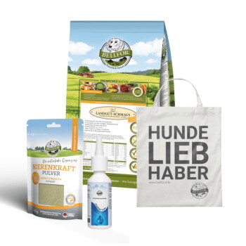 Bellfor Haustierprodukte: "Landgut-Schmaus" Hundefutter, "Nierenkraft Pulver," eine Pipettenflasche und eine "HUNDE LIEBHABER" Tragetasche.