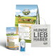 Bellfor Haustierprodukte: "Landgut-Schmaus" Hundefutter, "Nierenkraft Pulver," eine Pipettenflasche und eine "HUNDE LIEBHABER" Tragetasche.