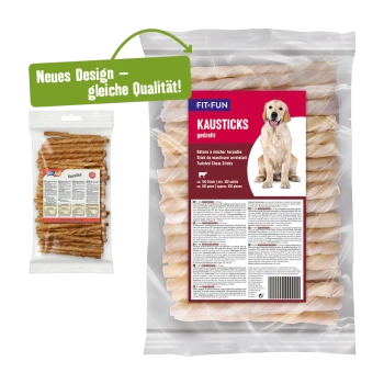 Hundekau-Sticks in einer durchsichtigen Tüte mit einem Golden Retriever-Etikett. Text: "FIT+FUN KAUSTICKS" und "Neues Design – gleiche Qualität!"