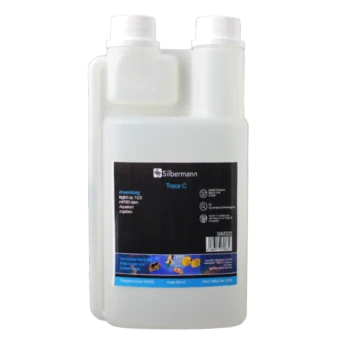 Flasche Silbermann Trace C, ein flüssiges Aquarienergänzungsmittel, mit Anwendungshinweisen und Sicherheitswarnungen auf einem schwarzen Etikett.