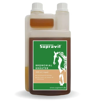 Flasche Supravit Bronchial Kräuter 1000ml Flüssigkeit für Pferde, unterstützt gesunde Atemwege und lindert Husten.