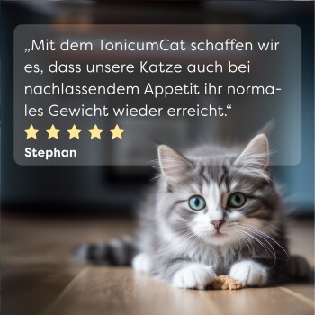 Grau-weiße Katze mit blauen Augen liegt auf Holzboden neben einer deutschen Kundenbewertung, die TonicumCat für die Verbesserung des Appetits lobt.