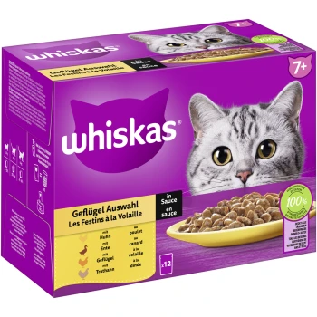 Multipack 7+ Geflügel Auswahl in Sauce 12 x 85g Nahaufnahme einer grauen getigerten Katze auf Whiskas Verpackung mit lila Hintergrund, mit "Geflügel Auswahl" und "in Sauce."