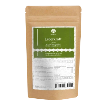 Brauner wiederverschließbarer Beutel 'Waldkraft Leberkraft' Kräuter-Leberergänzung für Hunde und Katzen, grünes Etikett, 200 g.