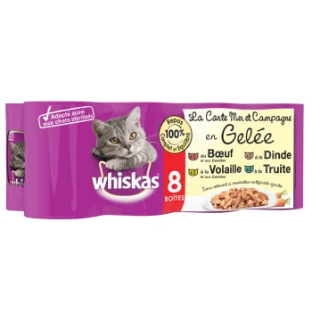 Paquet de nourriture pour chats Whiskas avec un chat gris sur le devant, contenant 8 boîtes de repas en gelée avec du bœuf, de la dinde, du poulet et de la truite.