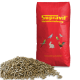 Roter Beutel Supravit Heimtiernahrung mit Illustrationen von Vögeln, einem Kaninchen und einem Hahn sowie einem Haufen brauner Pellets.