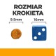 Obraz porównujący rozmiar krokieta dla zwierząt (9,5 mm) do niebieskiej kostki (16 mm), z tekstem 'ROZMIAR KROKIETA' wyraźnie wyeksponowanym.