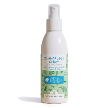 Zahnpflegespray für Hunde und Katzen, mit der Aufschrift "Zahnpflege Spray", mit Minzblättern im Hintergrund, das die Mundpflege fördert.