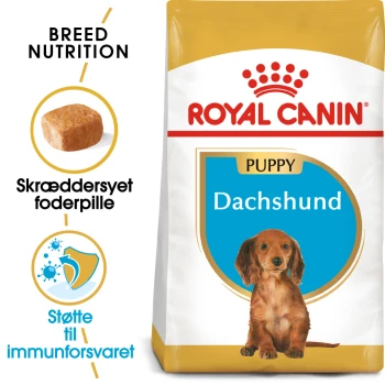 Royal Canin Welpenfutter für Dachshunde, mit einem braunen Futterstück, mit Text, der die Rassenernährung und Immununterstützung hervorhebt.